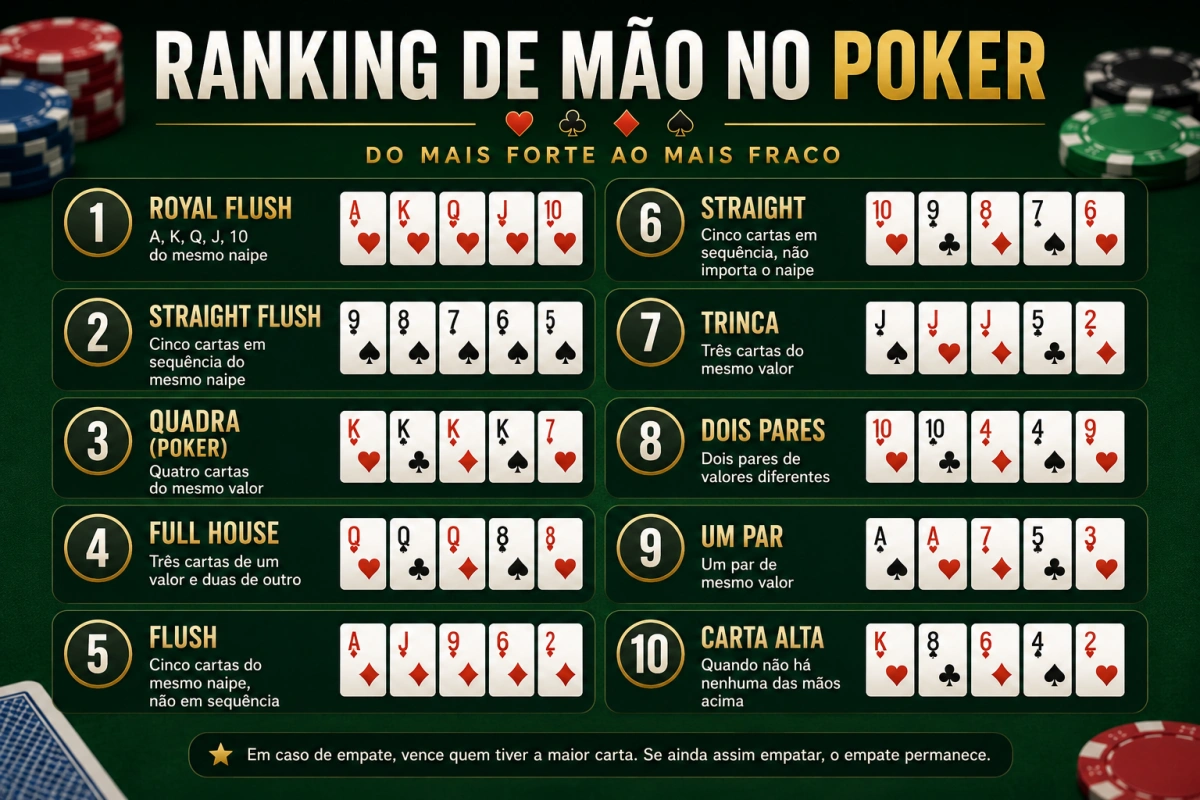 Ranking das Mãos de Poker: Ordem Completa e Desempates