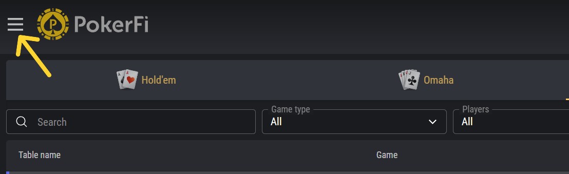 Menu PokerFi - Opção de Verificação