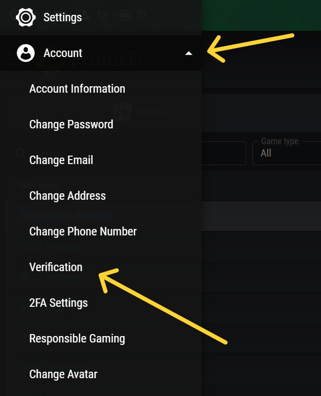 Menu Conta PokerFi - Opção Verificação