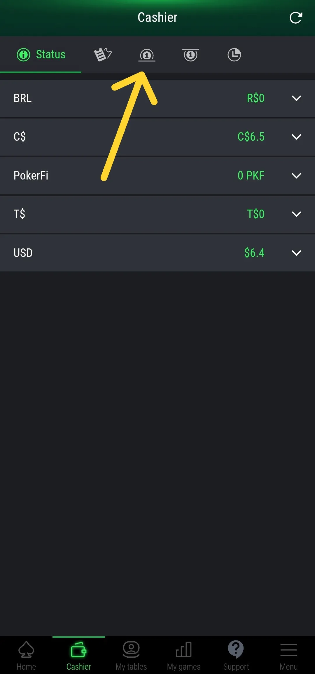 Tela do Caixa PokerFi Mobile - Opções de Depósito