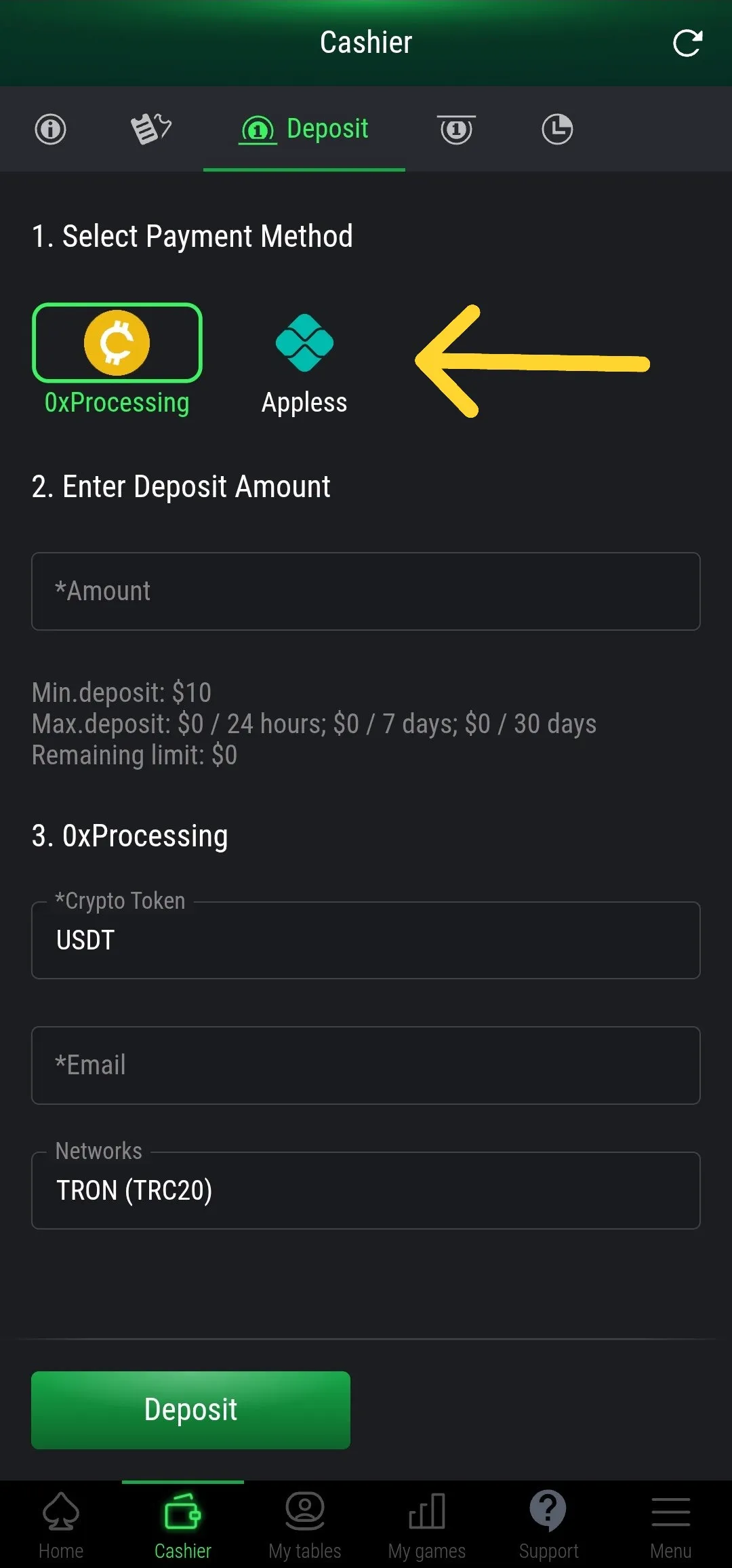 Opções de Depósito PokerFi Mobile - PIX e USDT