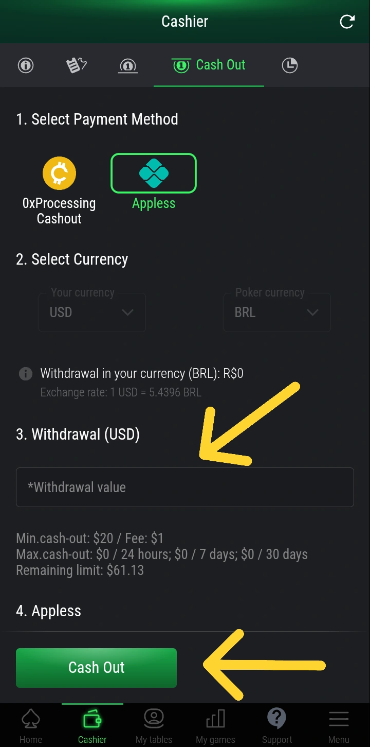 Saque PIX PokerFi Mobile - Formulário Appless