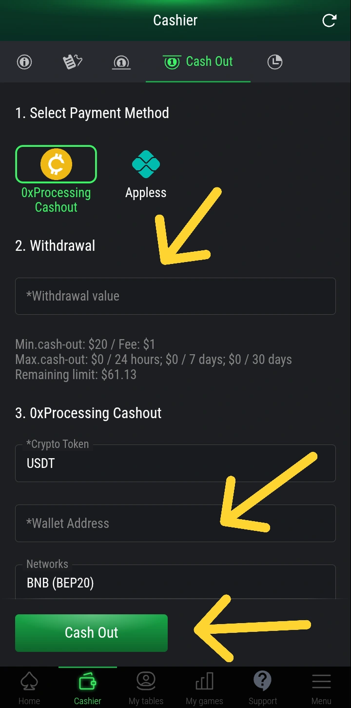 Saque USDT PokerFi Mobile - Formulário