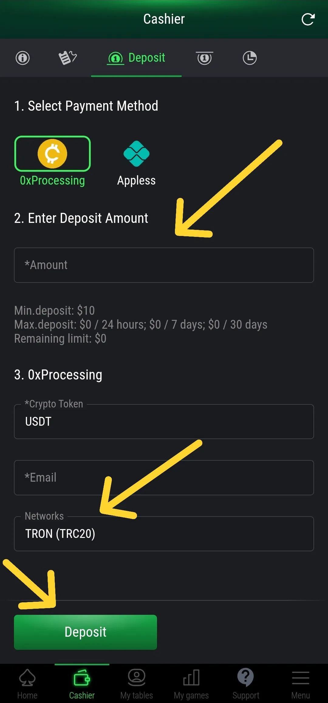 Depósito em USDT PokerFi Mobile - Formulário