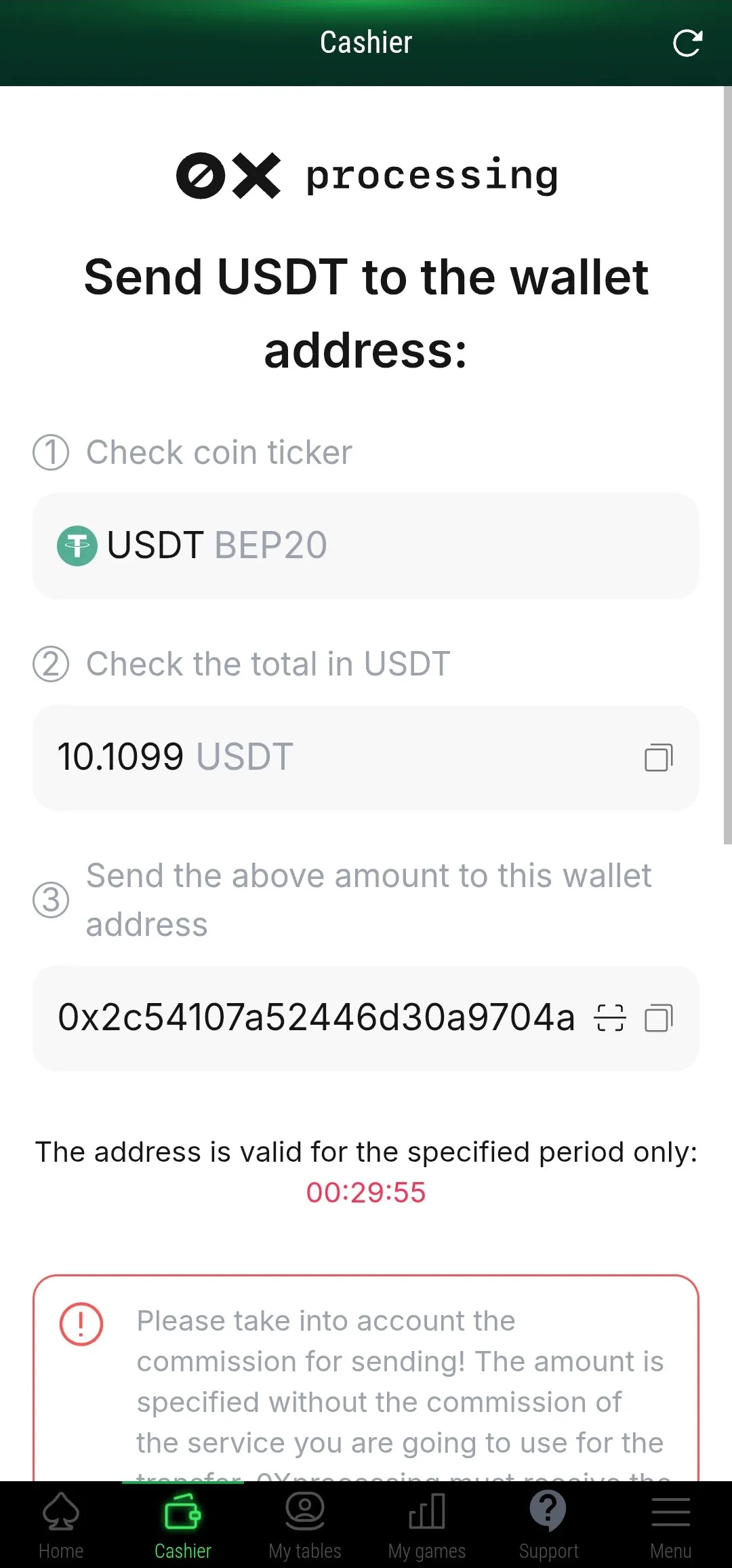 Detalhes do Depósito USDT PokerFi Mobile - Endereço e QR Code