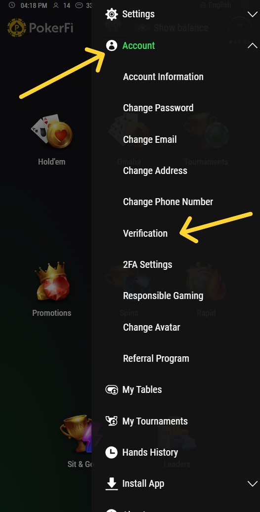 Menu Conta PokerFi Mobile - Opção Verificação